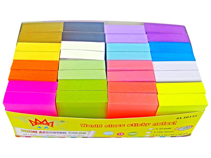 4A Sticky Notes,1 1/2 x 2 Inches,Small Size,The Adhesive On Shorter Side,Neon Assorted,16 Colors,Self-Stick Notes,100 Sheets/Pad,32 Pads/Box,4A 30132 - Image 1